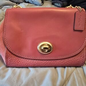 Coach Pink Pebbled Leather Shoulder Bag with Gold Turnlock